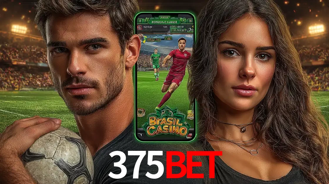 Homem segurando uma bola de futebol e uma mulher ao lado de um smartphone exibindo o jogo de apostas esportivas da 375bet. Faça seu palpite no cassino online.